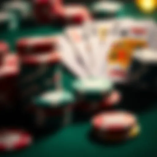 A stack of colorful casino chips next to playing cards on a felt table, symbolizing gambling excitement and risk.