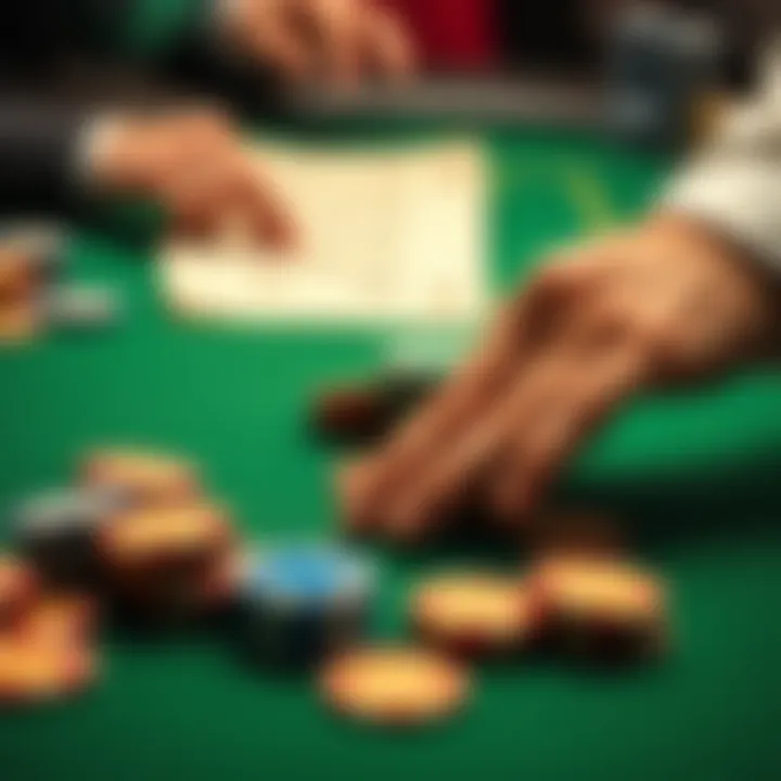 Casino chips being shuffled A player skillfully shuffling colorful casino chips on a green felt table