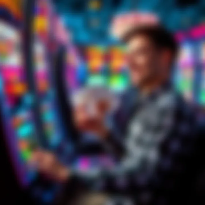 A person playing a slot machine with casino comps cards in hand, smiling as they win.