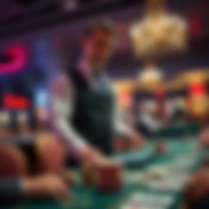 A casino dealer standing at a game table, dressed in formal attire and dealing cards to players, with a focus on their professional demeanor.