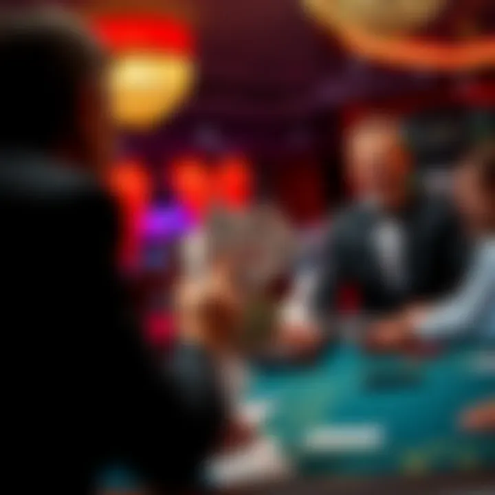 A casino dealer at a blackjack table appears surprised while revealing cards, with two players in the foreground showing excitement after winning a hand.