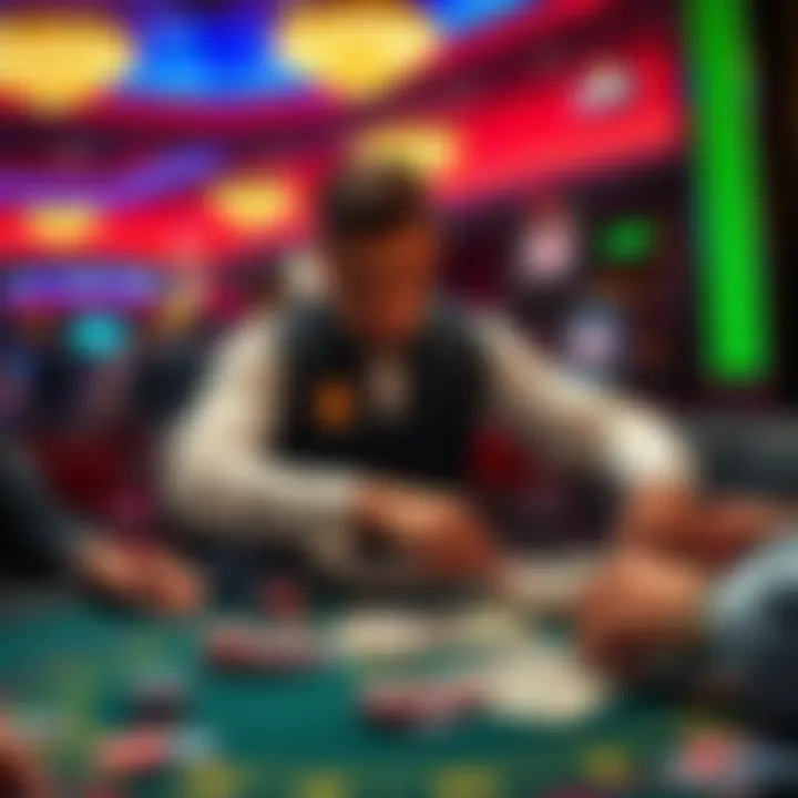 Casino dealer at blackjack table A casino dealer interacts with players at a blackjack table, showing a mix of chips and cash on the table.
