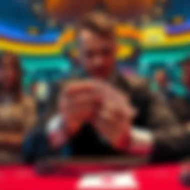A casino dealer revealing cards at the table while players watch, with an ace slightly visible under the cards, creating a tense atmosphere.
