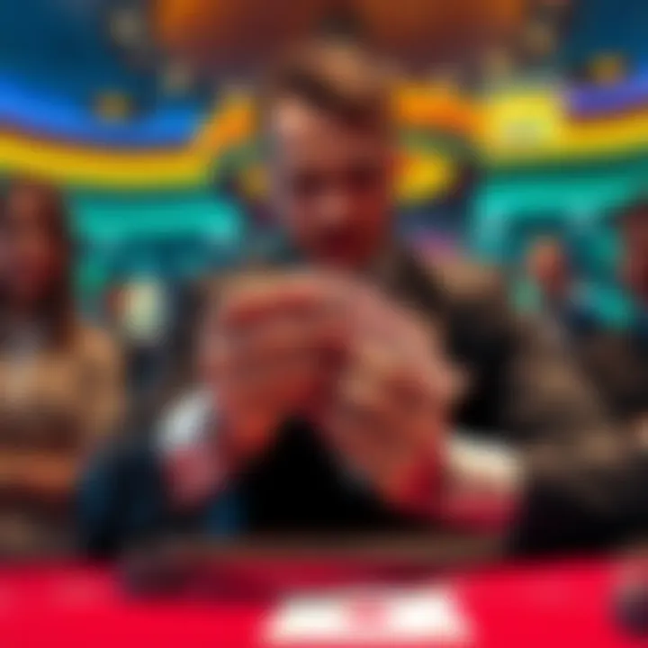 A casino dealer revealing cards at the table while players watch, with an ace slightly visible under the cards, creating a tense atmosphere.
