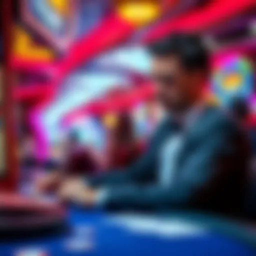 A casino dealer on the Strip dealing cards with a look of concern, showcasing the tension of a high-stress job while battling social anxiety.