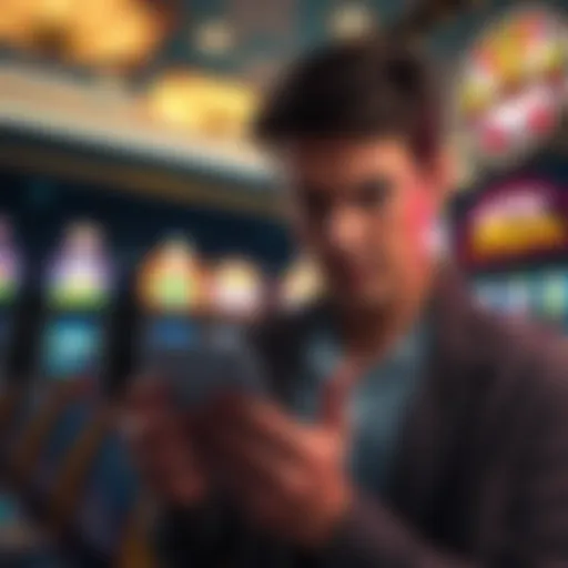 A person looking frustrated while examining their gambling ticket at a casino, with slot machines in the background.