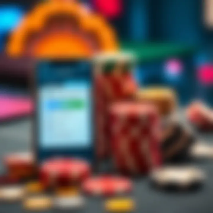 A stack of casino chips next to a smartphone displaying a banking app with a deposit and withdrawal option