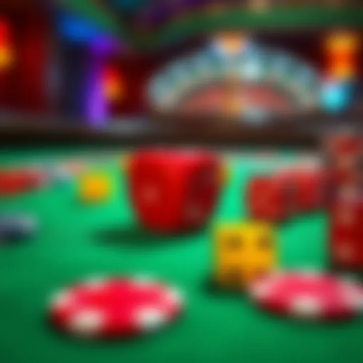 A close-up view of colorful casino dice on a green felt table with betting chips around them, showcasing a betting strategy in action.