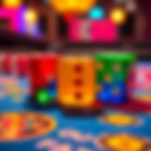 Three colorful casino dice showing winning rolls on a vibrant gaming table