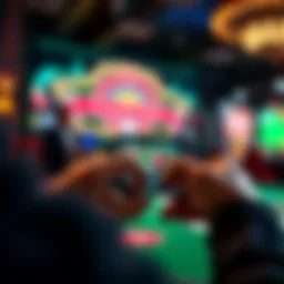 A person practicing dice rolls on a smartphone app with casino-themed graphics in the background.
