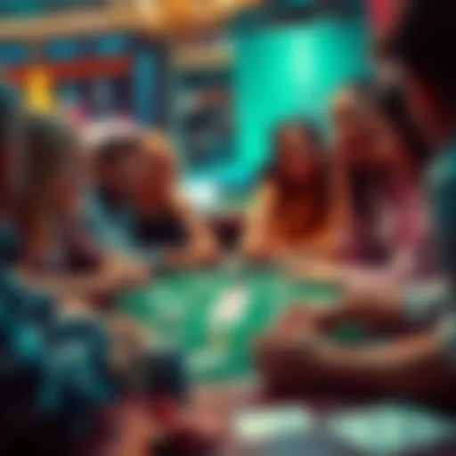 A group of people sharing casino experiences and strategies at a table with cards and chips