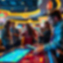 Group of frustrated players waiting at a casino, looking at their phones and checking the gaming machines not working