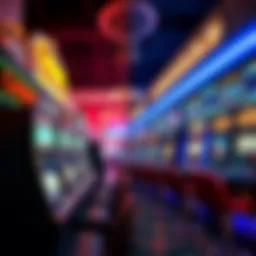 A split image showing a traditional casino with old slot machines on one side and a modern crypto-based online platform on the other side, highlighting the changes in the gambling industry.