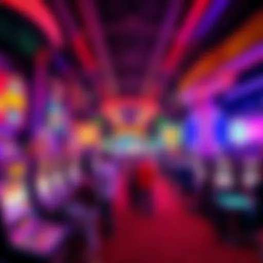 A vibrant casino scene featuring slot machines, poker tables, and a live performance stage with people enjoying various activities.