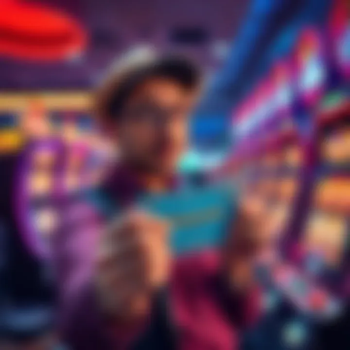 A player exploring different casinos while holding a Diamond status card, with casino slot machines in the background.