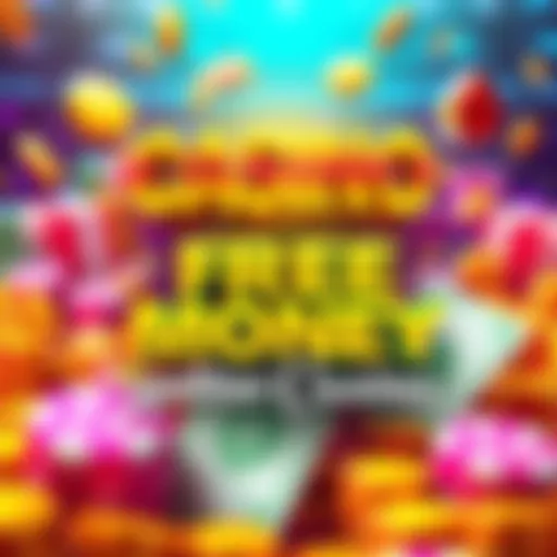 A colorful graphic showing a casino theme with money symbols and text promoting free giveaways at an online casino.