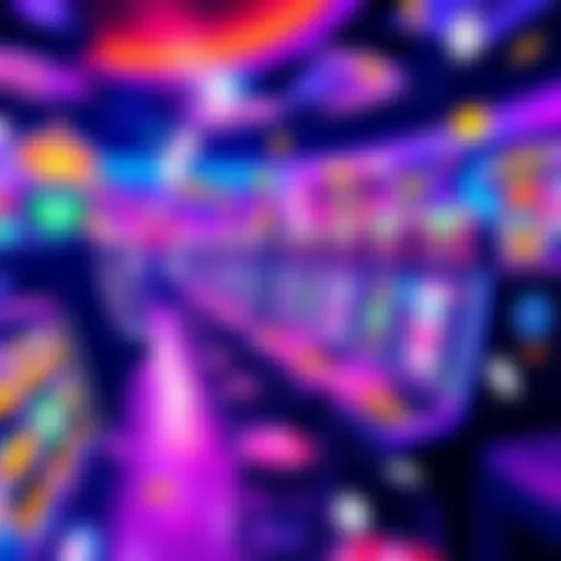 A colorful illustration of a casino with slot machines and free spin symbols