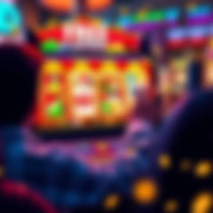 A person excitedly playing an online slot game with free spins on the screen, surrounded by colorful graphics and symbols, representing no deposit free spins promotions.