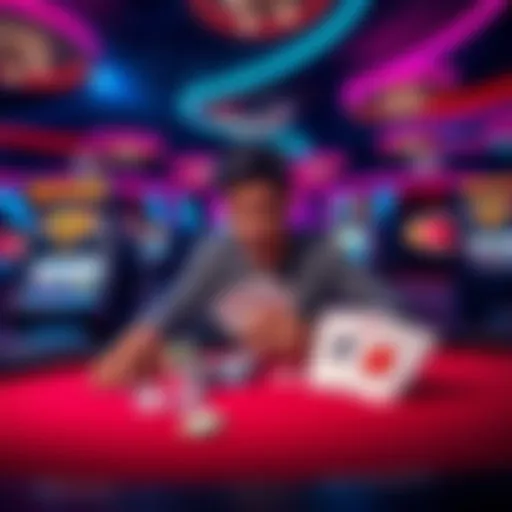 A player sitting at a table engaging with poker chips, a slot machine, and a baccarat card, showcasing different game preferences in a lively casino setting.