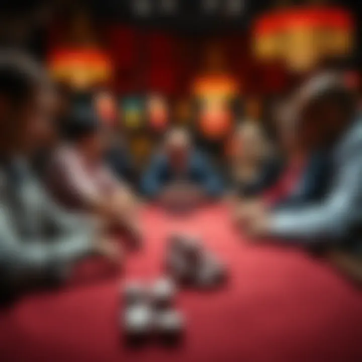 A group of players at a casino table discussing strategies while chips are placed on the table