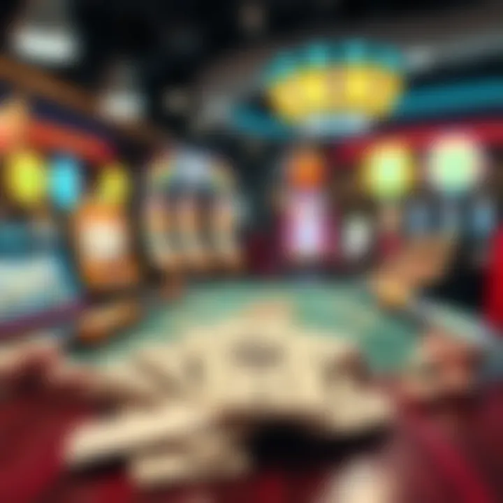 A table showing various casino games like slots and card tables with $500 cash in front of them