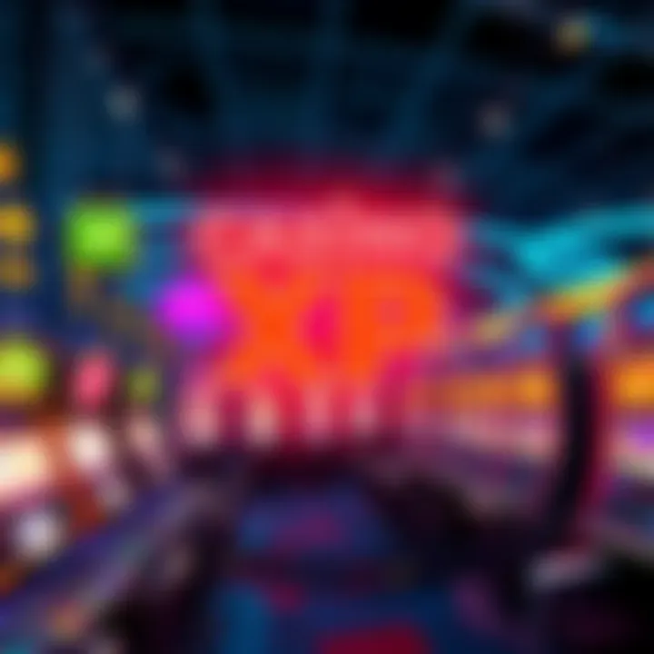 A colorful display of casino games with XP rewards visible on the screen