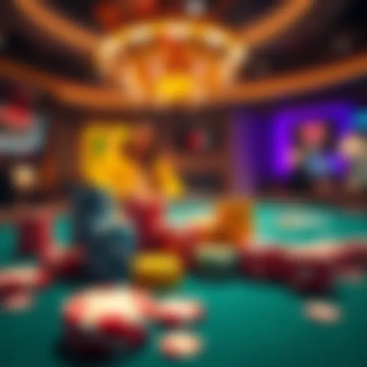 Colorful casino chips and a dealer at a gaming table showcasing popular games like slots and blackjack.