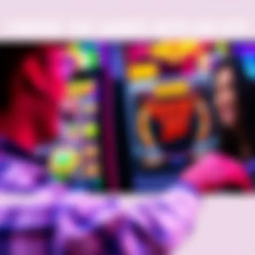 A player smiling while playing a casino game on a screen, showcasing colorful graphics and potential high returns.