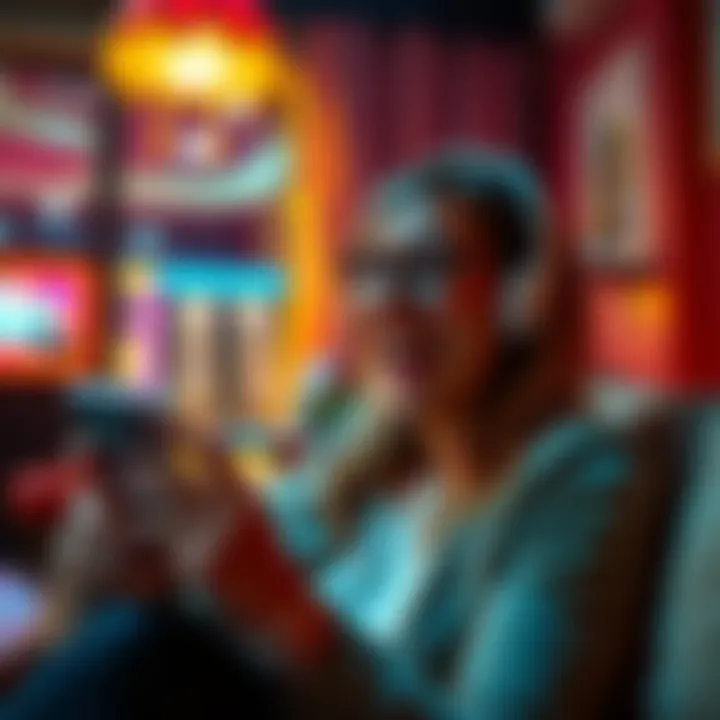 A person happily celebrating a big win while using the Anytime for Betty casino app on a smartphone in a cozy setting.