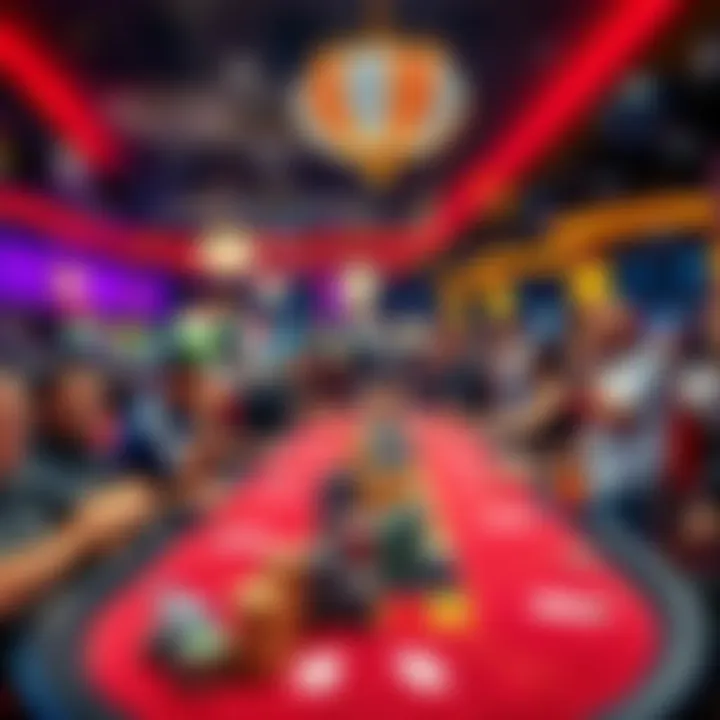 A lively gaming table at Harrah's Valley River Casino with players enjoying a $2500 session, colorful chips stacked, and an enthusiastic crowd around.