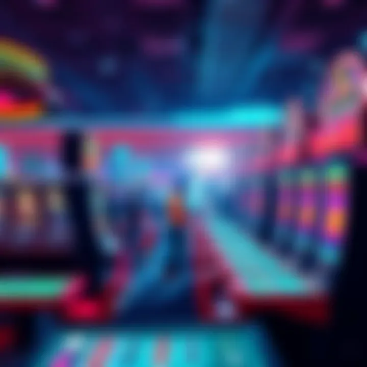 Colorful casino scene with people playing table games and using electronic betting machines