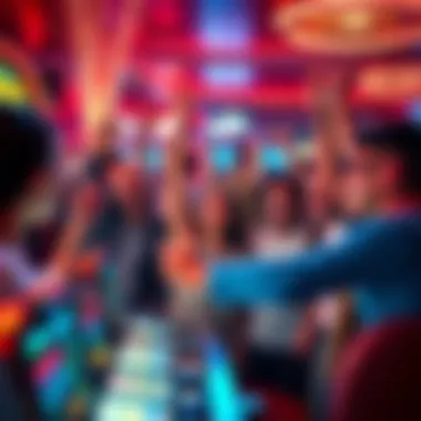 A group of excited people celebrating a big win at a casino, with flashing lights and slot machines in the background.