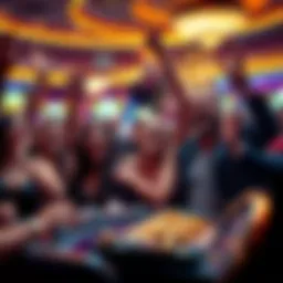 A group of happy people celebrating a big win at a casino with cheering and confetti.