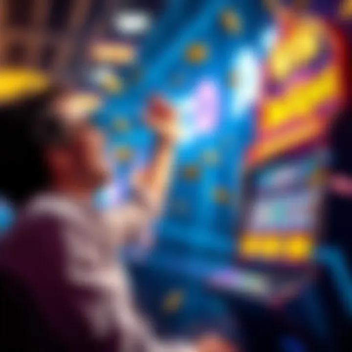 A player celebrating after hitting a major jackpot at a slot machine with colorful lights and coins around them.