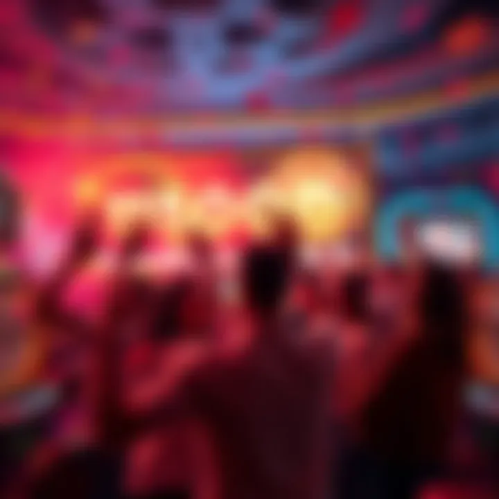 A group of excited people celebrating a big jackpot win at a casino, with confetti and a big screen showing the winning amount.