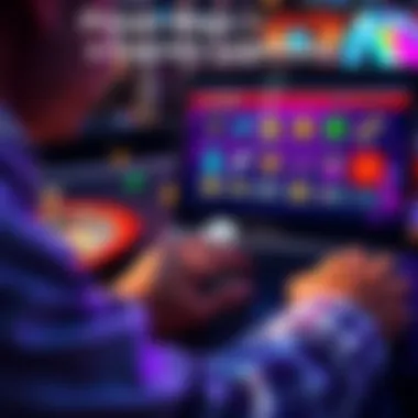 A person examining a casino website for legitimacy with a laptop, showing various online casino icons and trust symbols on the screen.