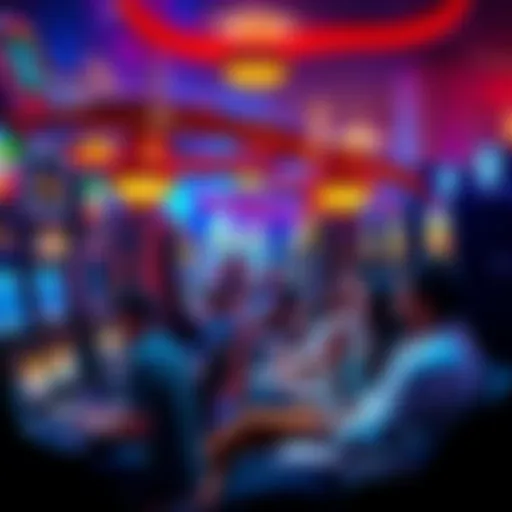 A lively group of people playing popular casino machines at a Las Vegas hotel, enjoying their gaming experience and socializing.