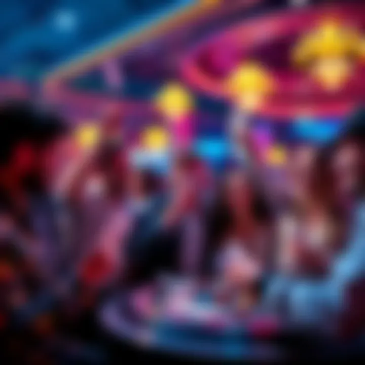 Group of people celebrating at a casino with cards and lotto tickets in hand