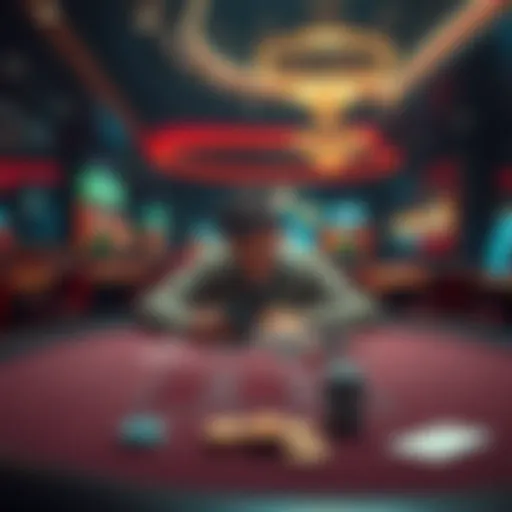 A tired gambler sitting at a poker table in a dimly lit casino, looking overwhelmed while holding a phone, surrounded by chips and cards.