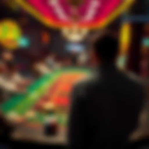 Casino observer at craps table A person standing away from a craps table with players, looking concerned as a nearby player accuses them of bringing bad luck, while a pit boss approaches
