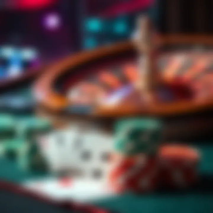 A stack of poker chips and playing cards on a casino table with a roulette wheel in the background