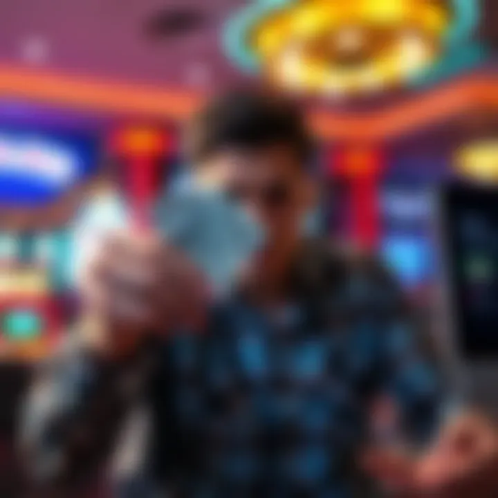 A person weighing options between playing poker at a casino and online gaming with cash in hand.