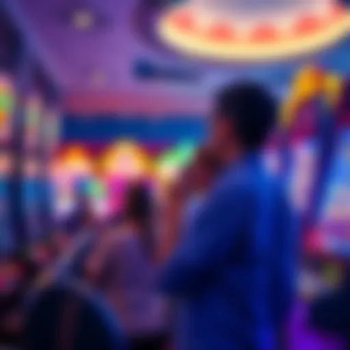 A group of casino players selecting slot machines, with various colorful machines in the background and a lively gaming atmosphere.