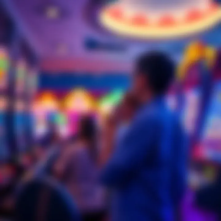 A group of casino players selecting slot machines, with various colorful machines in the background and a lively gaming atmosphere.