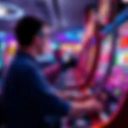 A player sitting at a slot machine in a lively casino environment, looking at promotional offers on a screen.