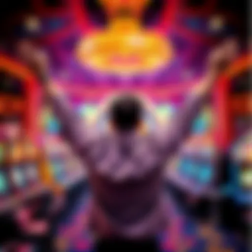 A person celebrating a big win at Peppermill Wendover Casino with arms raised in excitement, surrounded by colorful slot machines and gaming tables.