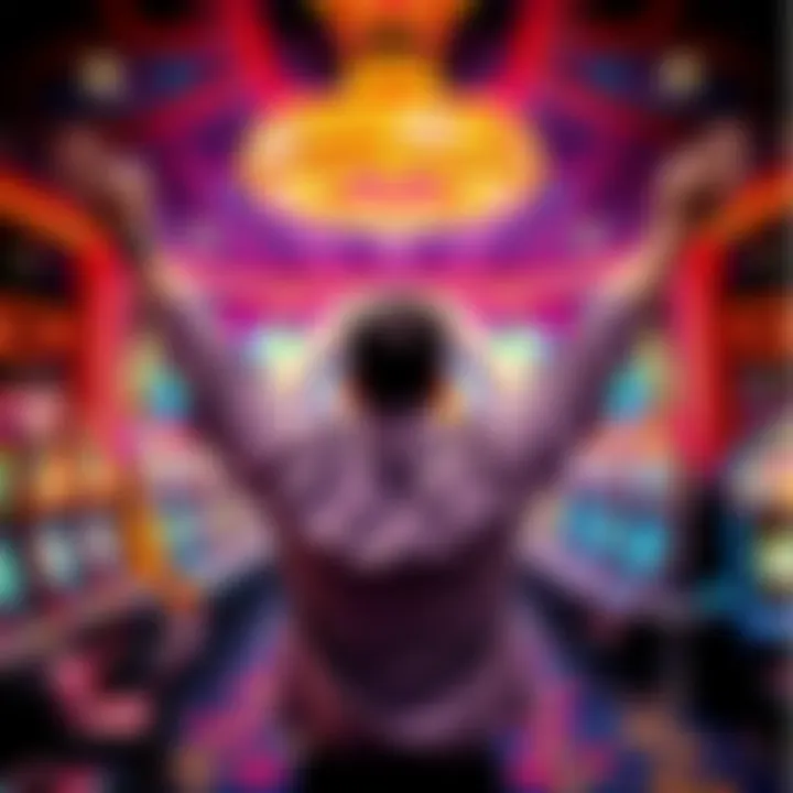 A person celebrating a big win at Peppermill Wendover Casino with arms raised in excitement, surrounded by colorful slot machines and gaming tables.