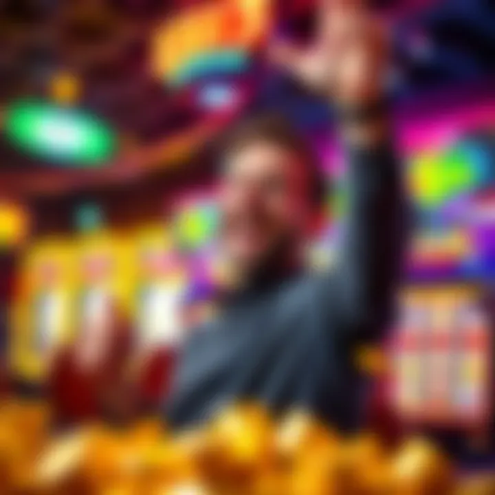 A happy casino player celebrating bar slot wins with bright lights and colorful slot machine in the background