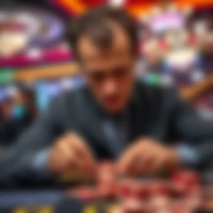 A frustrated casino player examining chips at a cash-out counter after a big win, showing confusion with staff.