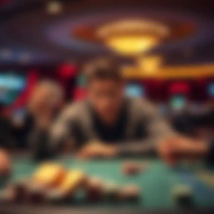 A European casino player looks puzzled while holding a player card and comparing it with others at a gaming table in a casino environment.